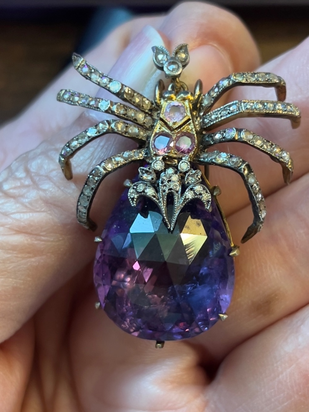 Antique SPIDER PENDANT 47.7ct Amethyst, Diamond, Blue & Pink Sapphire Gemstones - Picture 5 of 6